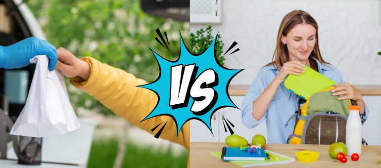 Left side is someone getting food in a drive thru. The right side is a woman packing a lunch box. There is a versus graphic between the two.