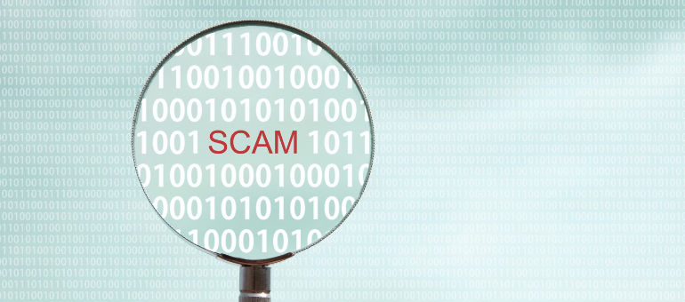 Magnifying glass highlighting the word "SCAM" in red.