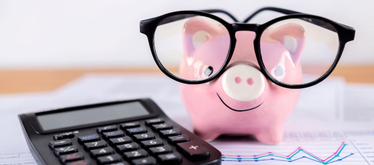 Small pink pig with huge glasses and a calculator