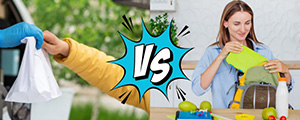 Left side is someone getting food in a drive thru. The right side is a woman packing a lunch box. There is a versus graphic between the two.
