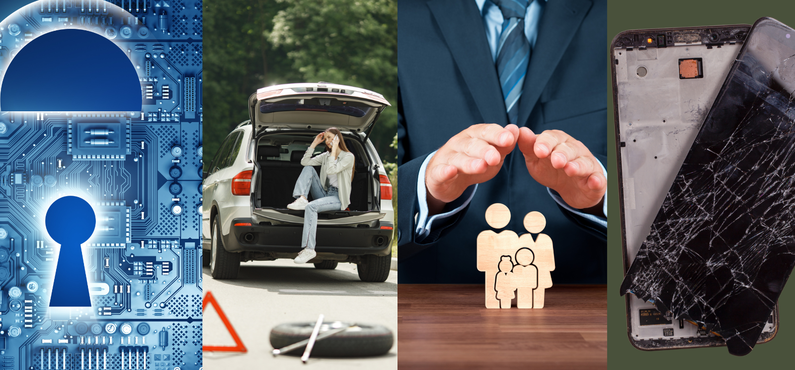 Four pictures in one: blue lock that resembles a computer chip, a woman having car trouble on the side of the road, a man's hands protecting a small wooden family, and a broken cell phone.