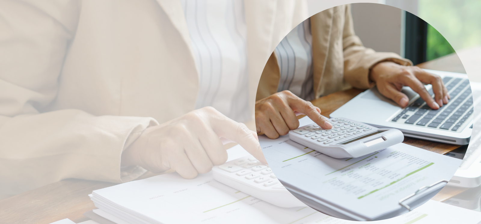 Person at a desk with a calculator and a laptop